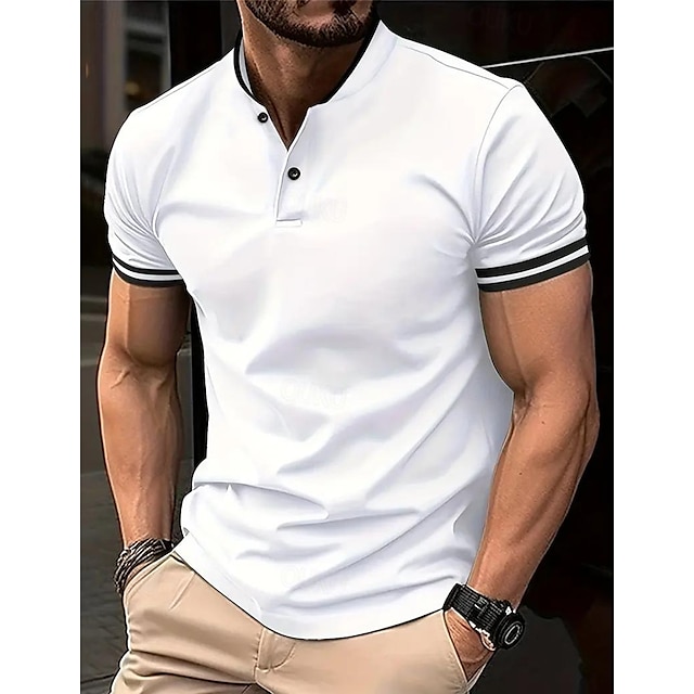  Men's Polo Shirt Button Up Polos Casual Sports Stand Collar Short Sleeve Fashion Basic Color Block Striped Patchwork Summer Regular Fit Wine Black White Khaki Polo Shirt