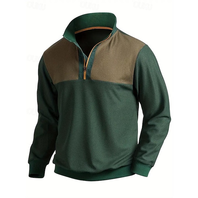  Men's Waffle Polo Shirt Quarter Zip Polo Daily Wear Vacation Lapel Long Sleeve Fashion Comfortable Color Block Patchwork Spring &  Fall Regular Fit Green Waffle Polo Shirt