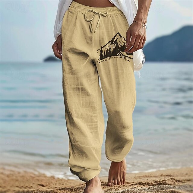  Mountain Printed Men's Vintage Cotton Pants Trousers Outdoor Daily Wear Streetwear Cotton Linen Black White Blue S M L Mid Waist Elasticity Pants