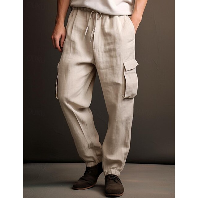 40% Linen Men's Linen Pants Trousers Summer Pants Pocket Drawstring 