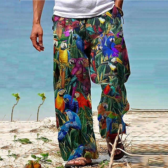 Pantalon Homme En Lin Léger - Motif Colibri - Coupe Ample Décontractée - Parfait Pour L'été, La Plage Et Les Loisirs - 2