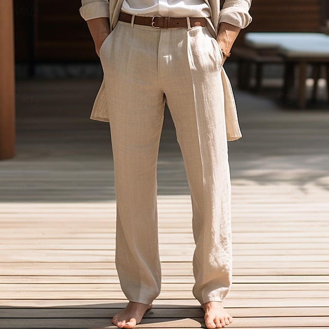 Pantalon Homme En Lin Et Coton - Coupe Droite Large, Taille Élastique, Respirant - Pour L'Été, Plage, Yoga