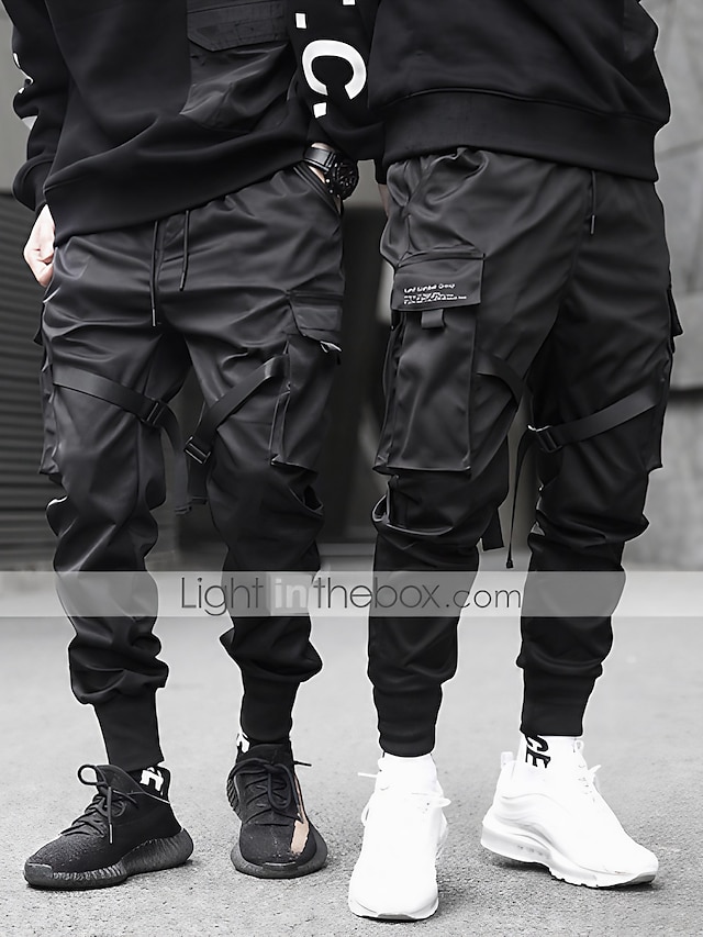  mens joggers pants long trousers multi-pockets Ribbon streetwear cargo pants outdoor fashion casual relaxed fit with drawstring pants