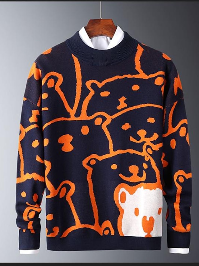 Men's Sweater Pullover Knit Animal Crew Neck Blue Orange M L XL / Long Sleeve