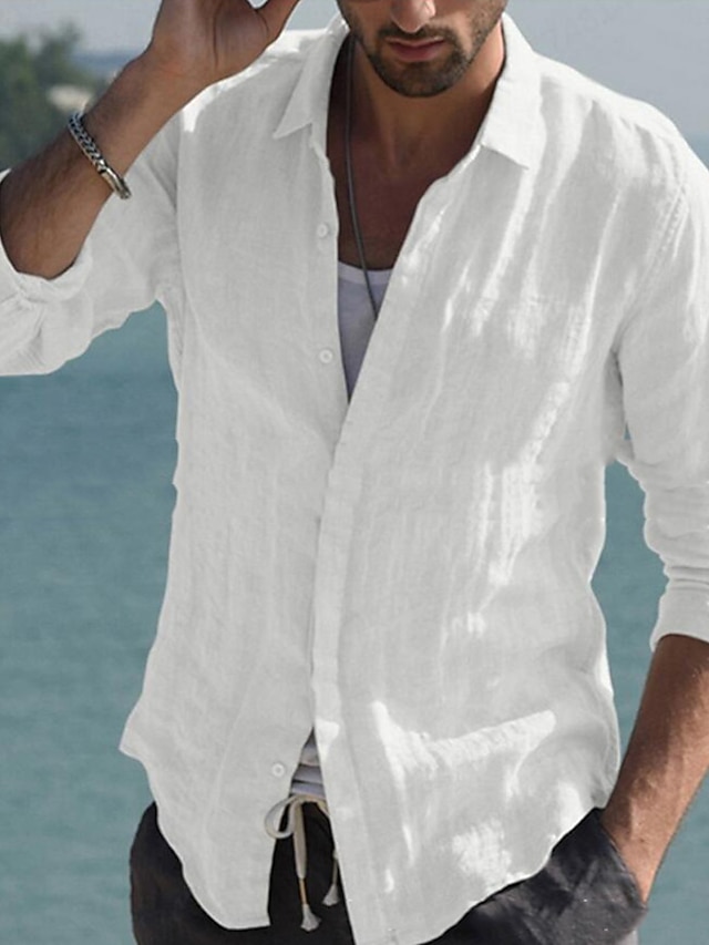 Chemise lin homme blanche artisanale, légère été, col rond élégant et broderies main image 1