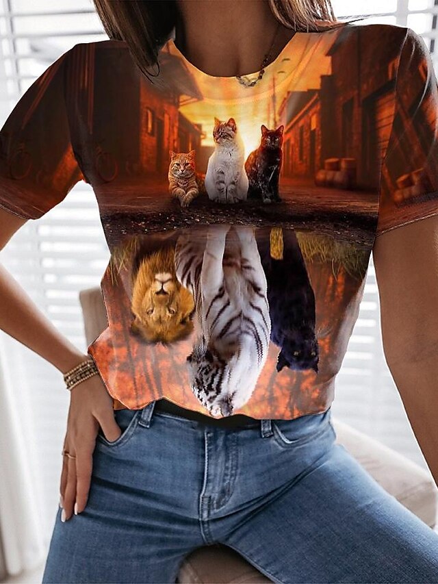  Women's T shirt Tee Designer 3D Print Cat Scenery 3D Design Short Sleeve Round Neck Holiday Print Clothing Clothes Designer Basic Brown