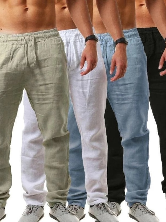  Hombre Pantalones de lino Pantalones Correa Cintura elástica con bolsillo lateral Casual chino Diario Plano Marrón Oscuro Negro Blanco S M L