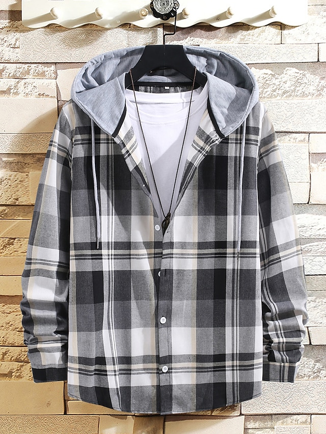  Men's Shirt Other Prints Plaid Check Hooded Street Casual Button-Down Print Long Sleeve Tops Lightweight Casual Fashion Classic Gray