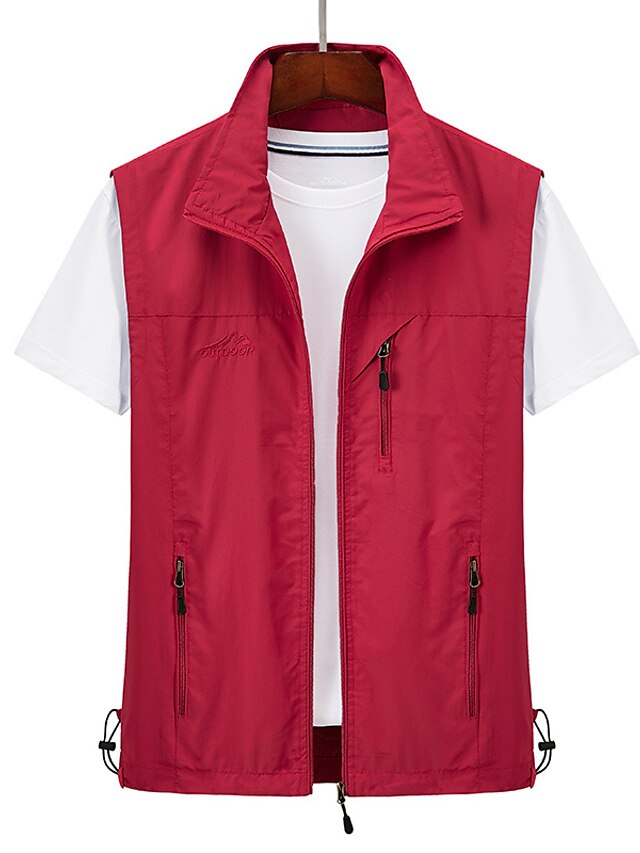  Men's Vest Breathable Soft Comfortable Fishing Daily Wear Festival Zipper Standing Collar Basic Business Casual Jacket Outerwear Solid Colored Multi Pocket Dark red Blue Black Black