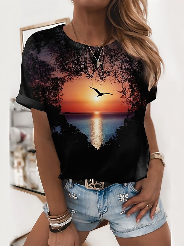  Women's T shirt Tee Designer 3D Print Graphic Scenery 3D Design Short Sleeve Round Neck Casual Holiday Print Clothing Clothes Designer Basic Black