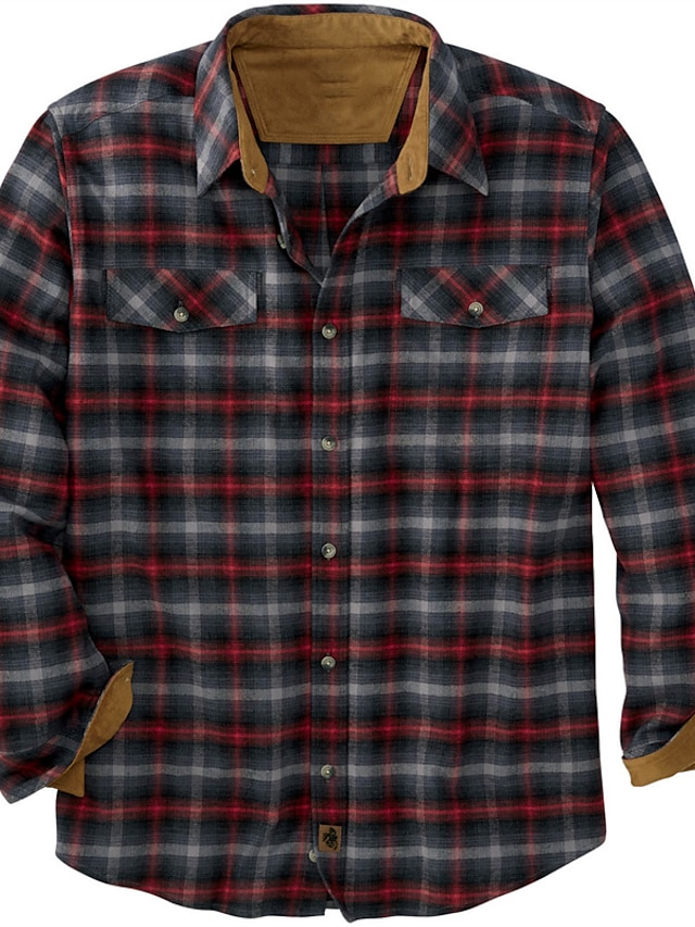  Men's Flannel Shirt Casual Daily Outdoor Print Check Plaid Graphic Patterned Turndown Street Button-Down Long Sleeve Tops Fashion Comfortable Wine White+Red Winter Spring Fall Warm