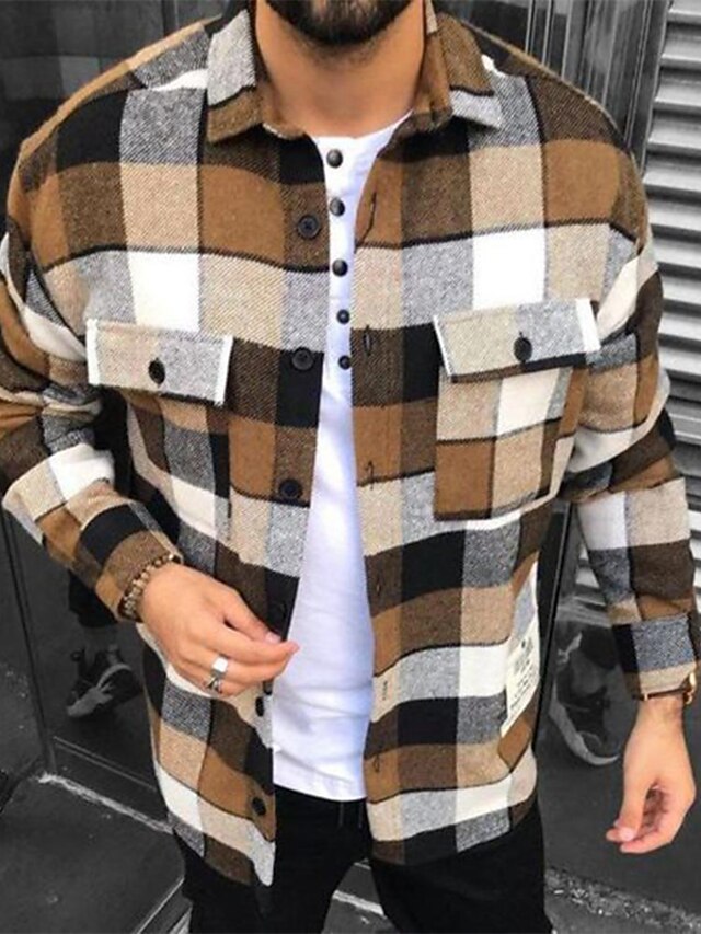 Men's Shirt Jacket Shacket Overshirt Plaid / Check Turndown Coffee ...