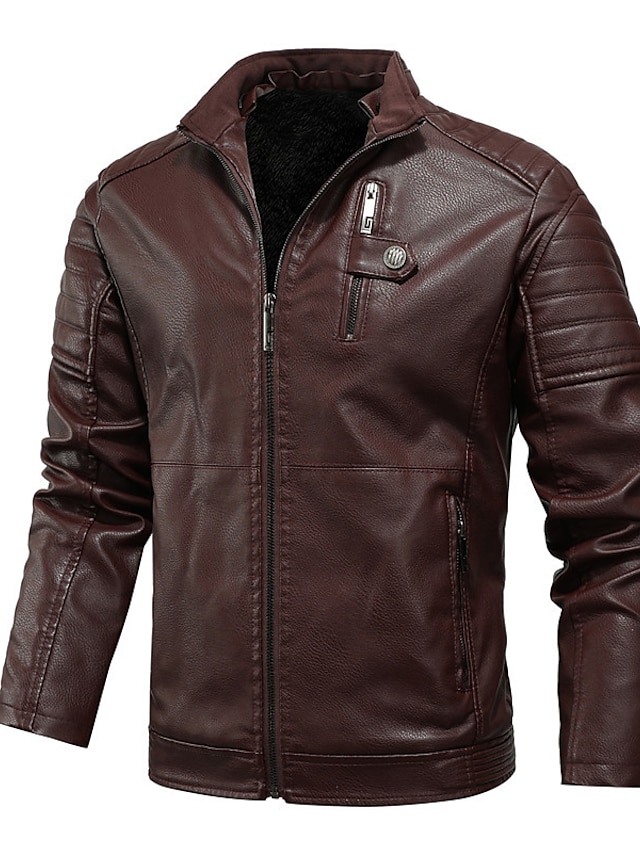  Men's Faux Leather Jacket Regular Solid Colored Daily Light Brown Khaki Brown Black