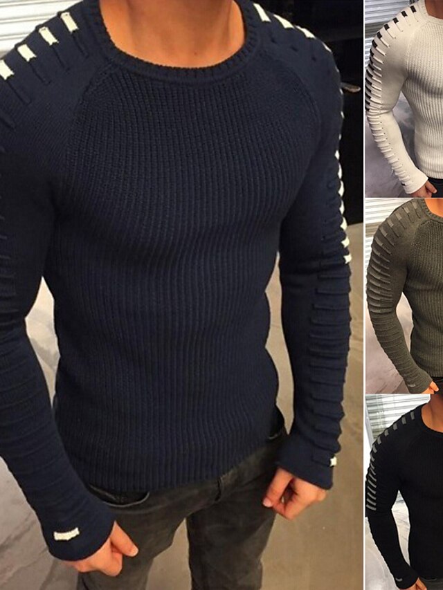  Men's Pullover Ribbed Knit Regular Knitted Solid Color Round Neck Keep Warm Modern Contemporary Work Daily Wear Clothing Apparel Spring &  Fall Green Blue L XL XXL / Long Sleeve