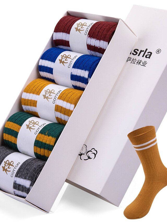  Men's 5 Pairs Socks Sport Socks / Athletic Socks Crew Socks Casual Socks Fashion Comfort Cotton Striped Medium Spring, Fall, Winter, Summer Multi color