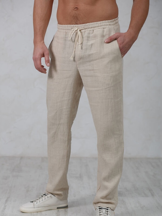  Men's Linen Pants Trousers Summer Pants Beach Pants Drawstring Elastic Waist Straight Leg Plain Comfort Outdoor Casual Daily Linen / Cotton Blend Basic Streetwear Navy Blue Green