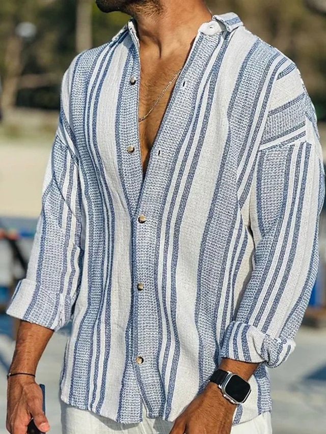  Men's Linen Shirt Button Up Shirt Casual Shirt Summer Shirt Beach Shirt Pink Blue Dark Green Long Sleeve Striped Turndown Spring & Summer Outdoor Holiday Clothing Apparel Print