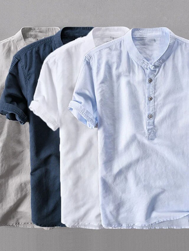 Sommerhemd Herren Linen Sommer Musselin Hemd Lässiges Langarm Strand Baumwolle Leinen Button Down Freizeithemd Kurzarmhemd Henley Marineblau L