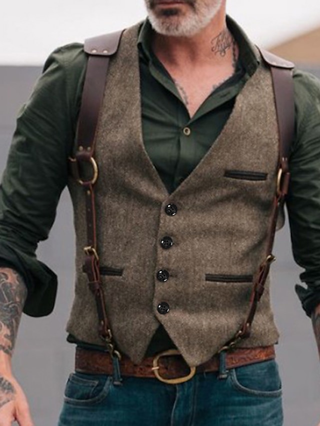 COSKTIARL Gilet Da Uomo Slim - Gilet Classico Da Uomo In Tweed Kaki Gilet Vintage A Spina Di Pesce Da Lavoro Con Risvolto Gilet Scozzese Con Bottoni In Alto Per Matrimoni Stile A L 138164945 - Foto 11