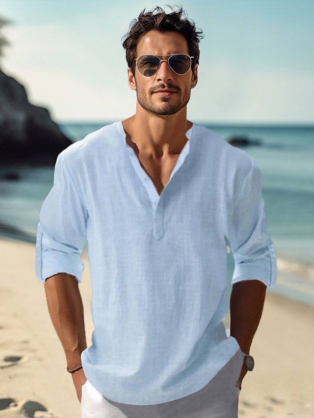  Hombre camisa de lino Camisa casual Camisa de playa Henley Shirt Negro Blanco Rosa Manga Larga Plano Henley Primavera verano Hawaiano Festivos Ropa