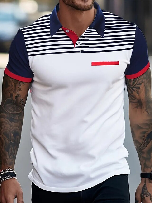  Men's Polo Shirt Button Up Polos Casual Sports Lapel Short Sleeve Fashion Basic Stripes Patchwork Pocket Summer Regular Fit Black White Polo Shirt
