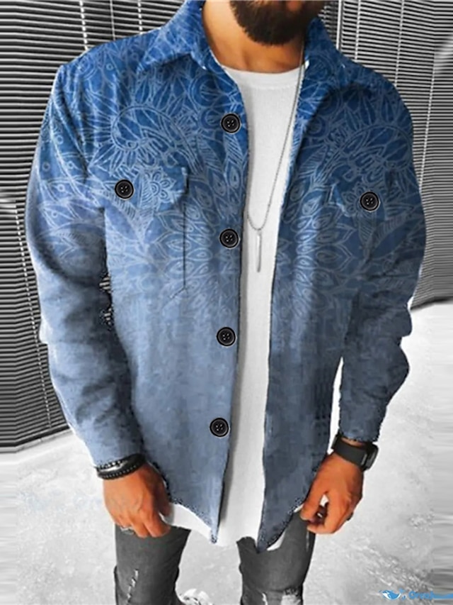  Floral Geometry Casual Men's Shirt Shirt Jacket Shacket Daily Wear Going out Weekend Fall & Winter Turndown Long Sleeve Blue, Gray S, M, L Polar Fleece Shirt