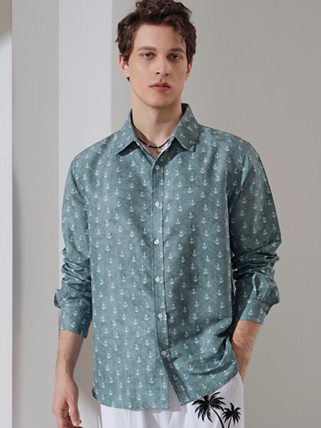  Symbol Casual Men's Shirt Daily Wear Going out Spring & Summer Turndown Long Sleeve Navy Blue, Blue, Green S, M, L 4-Way Stretch Fabric Shirt