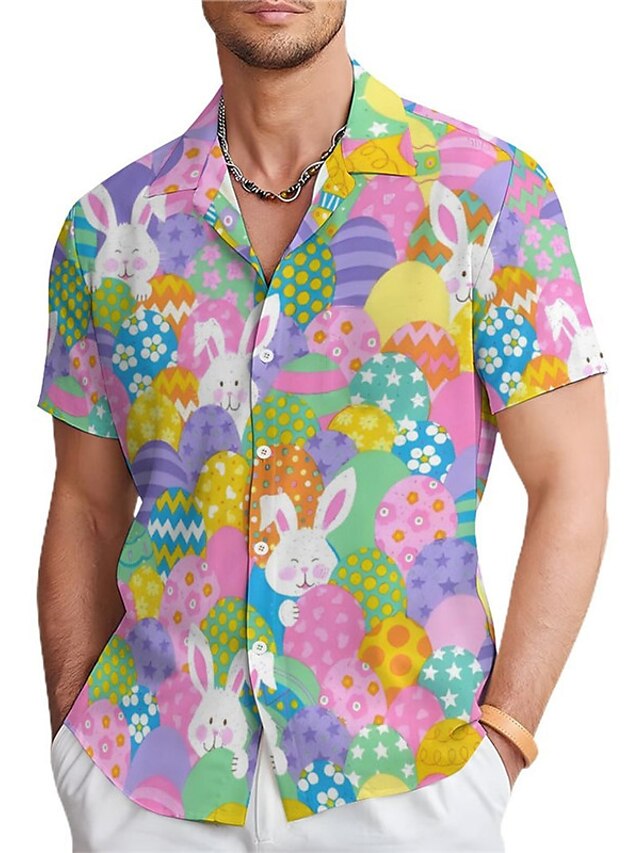  Rabbit Bunny Egg Casual Men's Shirt Daily Wear Going out Weekend Summer Turndown Short Sleeves Blue, Purple, Green S, M, L 4-Way Stretch Fabric Shirt Easter