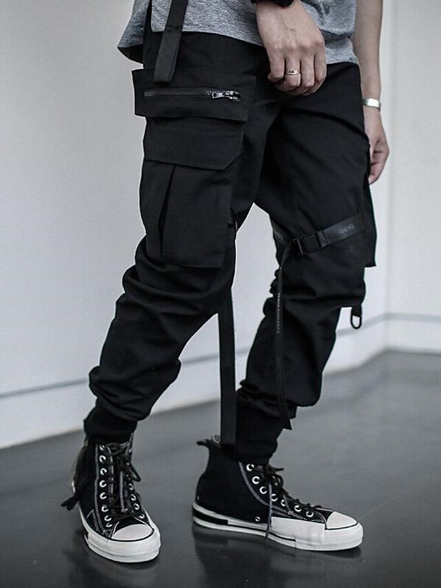  Men's Cargo Pants Joggers Techwear Drawstring Elastic Waist Multi Pocket Plain Comfort Wearable Casual Daily Holiday Sports Fashion Black