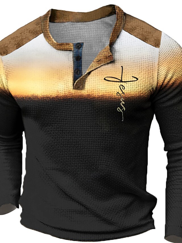  Graphic Color Block Faith Fashion Designer Casual Men's 3D Print Henley Shirt Waffle T Shirt Sports Outdoor Holiday Festival T shirt Black Navy Blue Brown Long Sleeve Henley Shirt Spring &  Fall