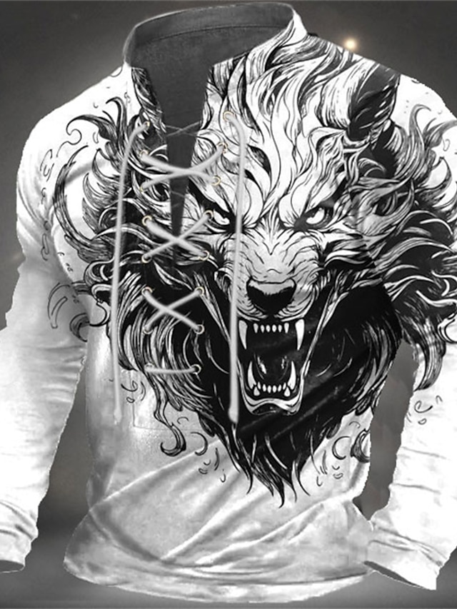  Wolf Graphic Prints Men's Daily 3D Print Sweatshirt Holiday Going out Streetwear Sweatshirts White Brown Long Sleeve Stand Collar Print Lace up Spring &  Fall Designer Hoodie Sweatshirt