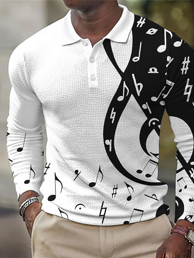  Musical Notes Men's Casual Print 3D Waffle Polo Shirt Outdoor Casual Daily Streetwear Waffle Fabric Long Sleeve Turndown Polo Shirts Black Red Fall & Winter S M L Micro-elastic Lapel Polo
