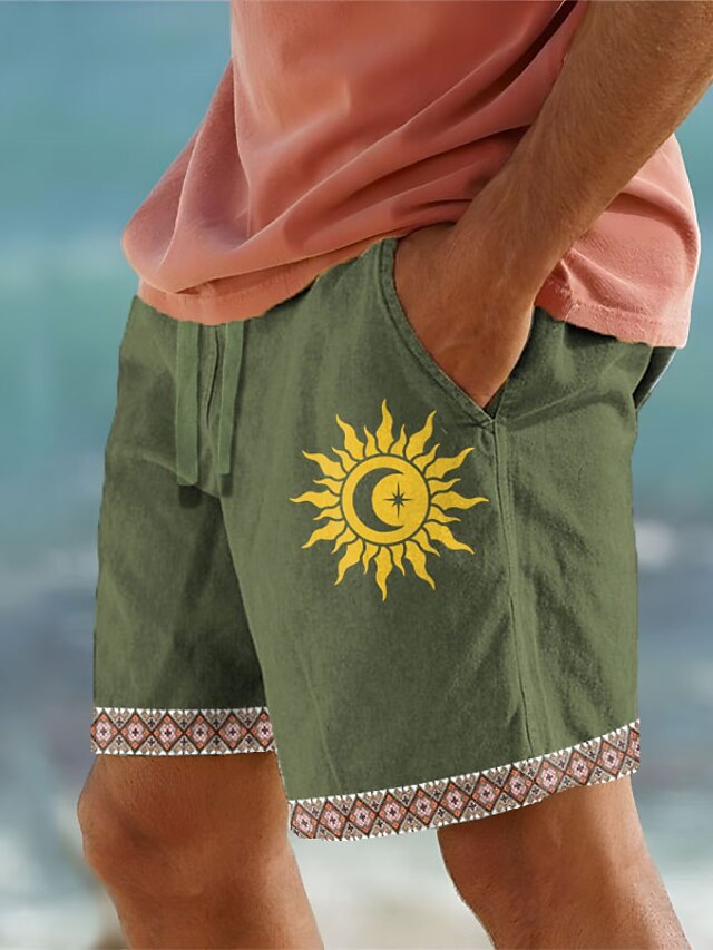  Men's Cotton Linen Shorts Summer Shorts Beach Shorts Print Drawstring Elastic Waist Sun Comfort Breathable Short Outdoor Holiday Going out Cotton Blend Hawaiian Ethnic Style White Army Green
