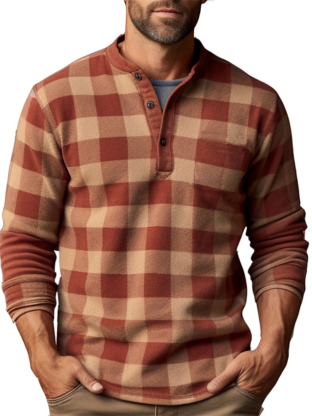  Graphic Plaid Fashion Daily Casual Men's 3D Print Henley Shirt Casual Holiday Going out T shirt Red Blue Green Long Sleeve Henley Shirt Spring &  Fall Clothing Apparel S M L XL XXL 3XL 4XL