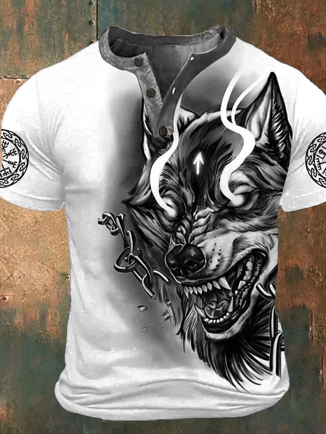  Graphic Wolf Fashion Retro Vintage Classic Men's 3D Print T shirt Tee Henley Shirt Sports Outdoor Holiday Going out T shirt White Red Brown Short Sleeve Henley Shirt Spring & Summer Clothing Apparel