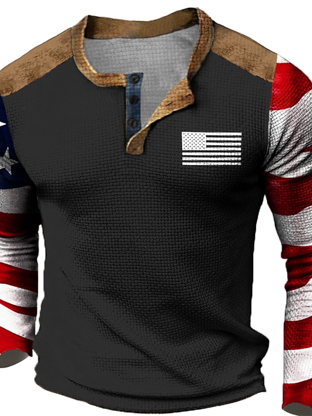  Graphic Color Block National Flag Fashion Designer Casual Men's 3D Print Henley Shirt Waffle T Shirt Sports Outdoor Holiday Festival T shirt Black Red Green Long Sleeve Henley Shirt Spring &  Fall