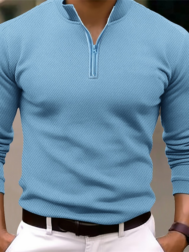  Men's Polo Shirt Pullover Daily Wear Vacation Quarter Zip Long Sleeve Fashion Basic Plain Zip Up Spring &  Fall Regular Fit Black White Navy Blue Blue Polo Shirt