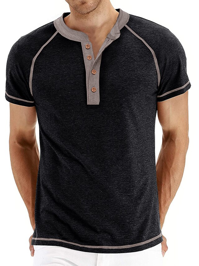  Men's Henley Shirt Tee Top Color Block Standing Collar Street Vacation Short Sleeves Patchwork Clothing Apparel Vintage Designer Basic