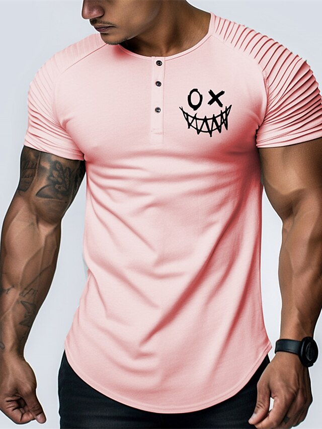  Graphic Face Fashion Daily Casual Men's Henley Shirt Raglan T Shirt Sports Outdoor Holiday Going out T shirt White Pink Sky Blue Short Sleeve Henley Shirt Spring & Summer Clothing Apparel S M L