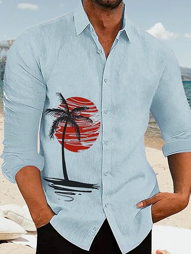  Palm Tree Casual Men's Shirt Linen Shirt Outdoor Daily Vacation Spring &  Fall Lapel Long Sleeve White, Blue, Gray S, M, L Polyester Shirt