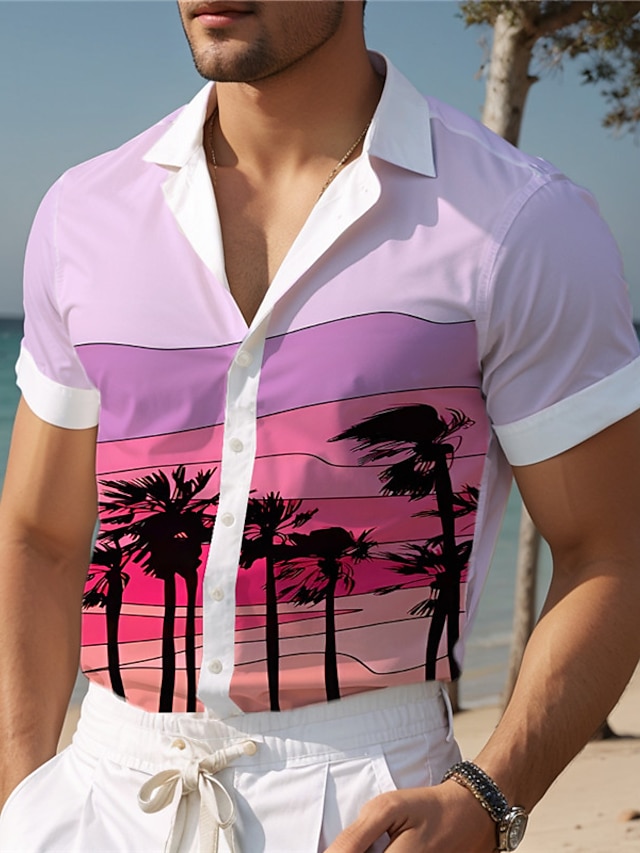  Color Block Palm Tree Casual Men's Shirt Outdoor Street Casual Daily Summer Cuban Collar Short Sleeve Pink Blue Purple S M L Shirt