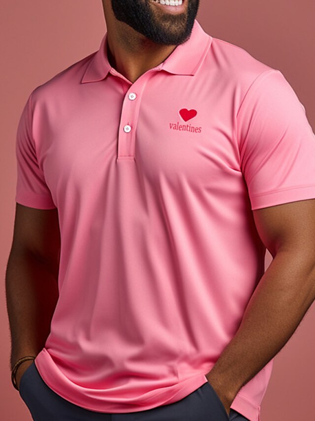  Valentine's Day Heart Men's Casual Print 3D Outdoor Daily Wear Streetwear  Polyester Short Sleeve Turndown Polo Shirts White Pink Spring & Summer S M L Micro-elastic