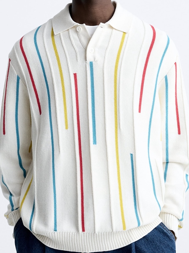  Men's Pullover Golf Shirt Street Casual Lapel Long Sleeve Fashion High Quality Stripe Stripes Button Front Summer Spring White Pullover