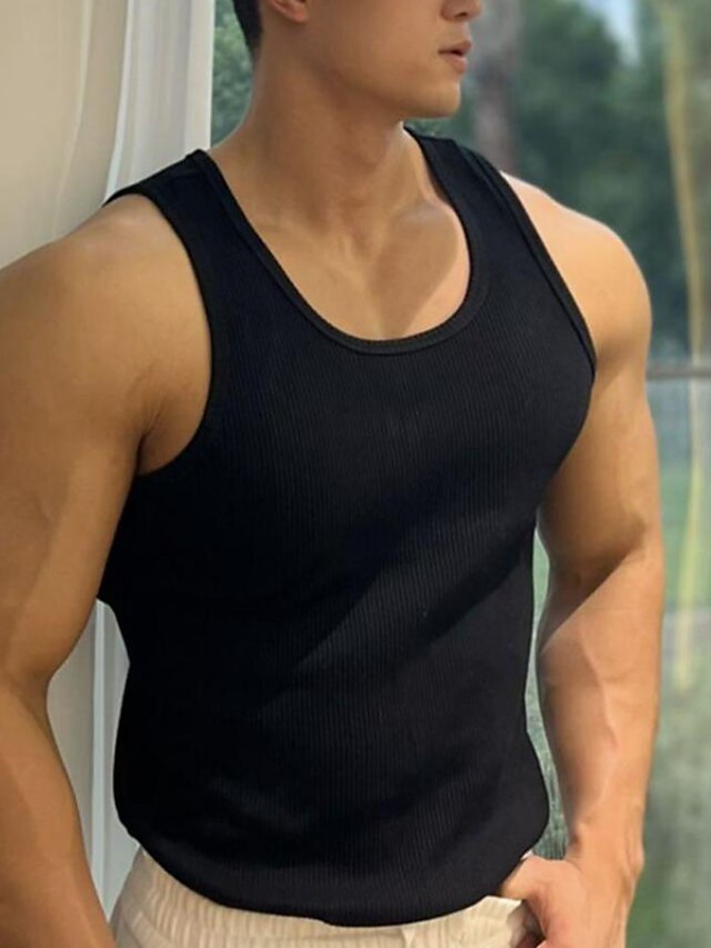  Men's GYM Tank Running Tank Workout Tank Men Tops Crew Neck Sleeveless Sports & Outdoor Vacation Going out Casual Daily Quick dry Moisture Wicking Breathable Soft Plain Black White Activewear Fashion