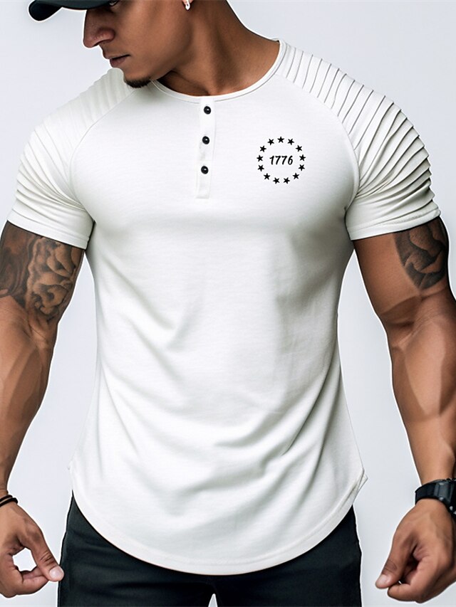  Graphic Stars 1776 Fashion Daily Casual Men's Henley Shirt Raglan T Shirt Sports Outdoor Holiday Going out T shirt White Pink Sky Blue Short Sleeve Henley Shirt Spring & Summer Clothing Apparel S M L