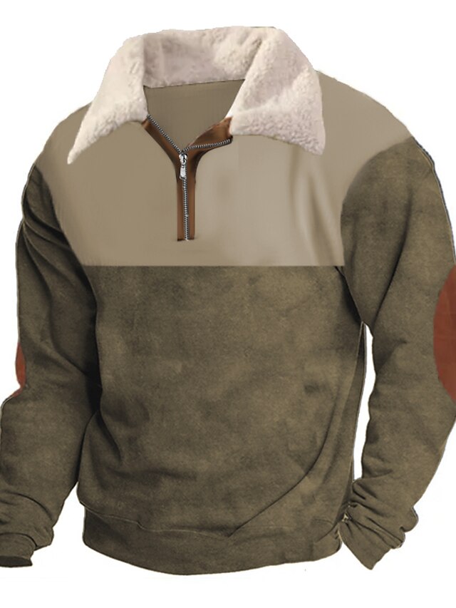  Men's Sweatshirt Army Green Polo Collar Plain Patchwork Color Block Sports & Outdoor Daily Holiday Corduroy Basic Casual Thin fleece Fall & Winter Clothing Apparel Hoodies Sweatshirts 