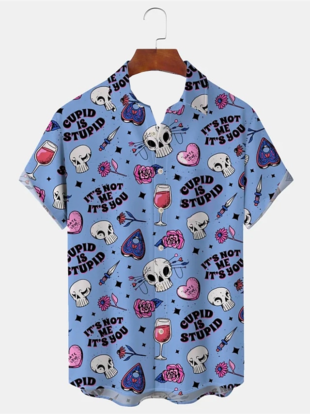  Valentine's Day Skull Casual Hippie Men's Shirt Daily Wear Going out Weekend Autumn / Fall Turndown Short Sleeves Pink, Purple, Gray S, M, L 4-Way Stretch