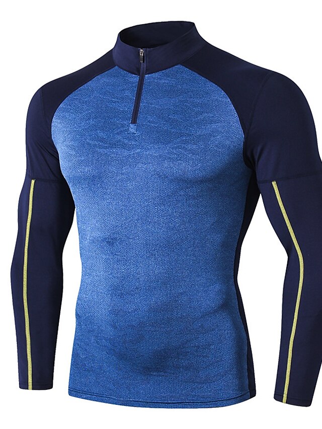  Men's Gym Shirt Compression Shirt Running Shirt Zip Polo Standing Collar Long Sleeve Street Vacation Going out Casual Daily High Stretch Moisture Wicking Breathable Zipper Color Block Black Navy Blue