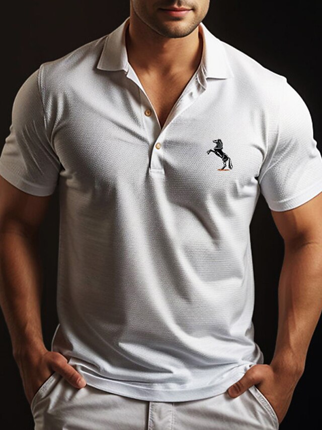  Men's Polo Shirt Button Up Polos Casual Sports Lapel Short Sleeve Fashion Basic Horse Embroidered Summer Regular Fit Black White Navy Blue Light Grey Polo Shirt