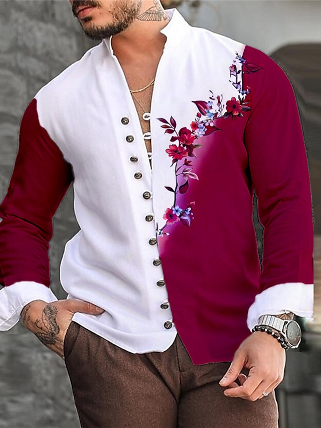  Floral Casual Men's Shirt Daily Wear Going out Weekend Spring & Summer Standing Collar Long Sleeve Burgundy, Blue, Orange S, M, L Washable Cotton Fabric Shirt